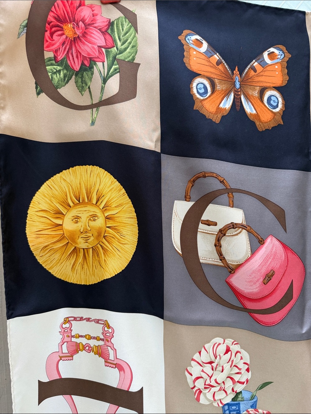 Gucci Vintage Multicolor Silk Scarf in Beige, Brown, Black, Red & Blue - Picture 7 of 14